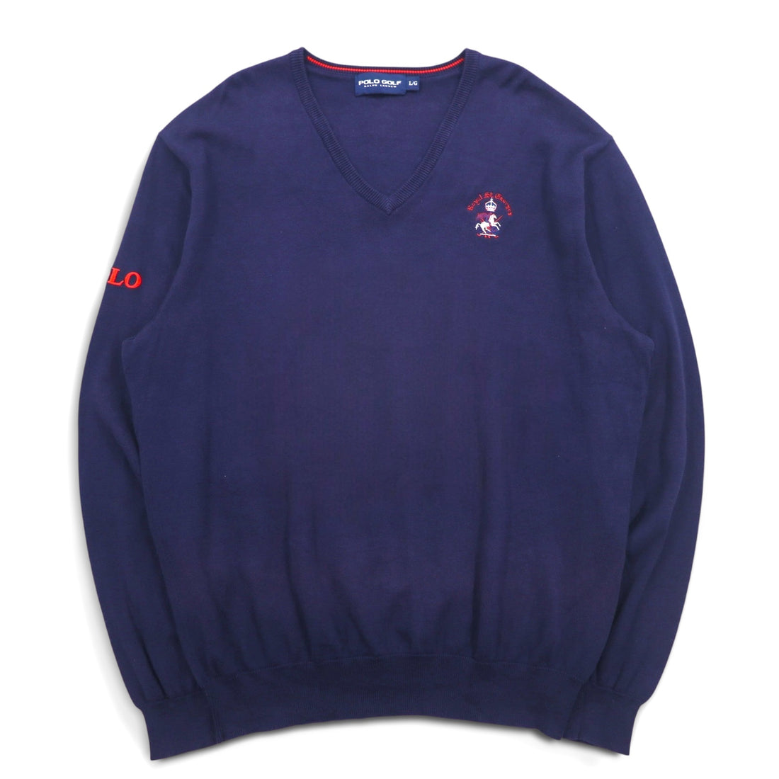 POLO GOLF RALPH LAUREN Vネック コットンニット セーター L ネイビー ポニー ロゴ刺繍 Royal St George's
