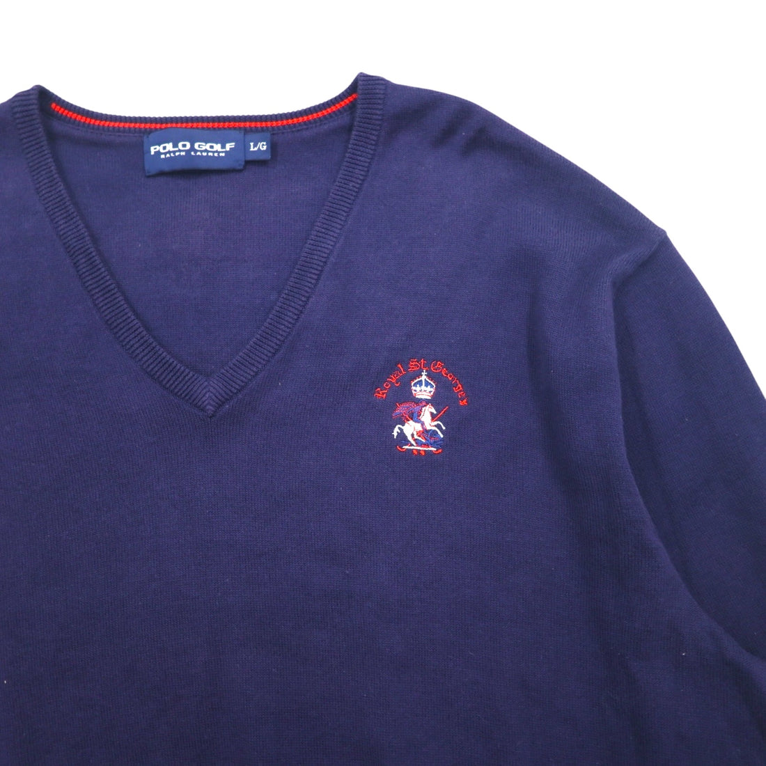 POLO GOLF RALPH LAUREN Vネック コットンニット セーター L ネイビー ポニー ロゴ刺繍 Royal St George's