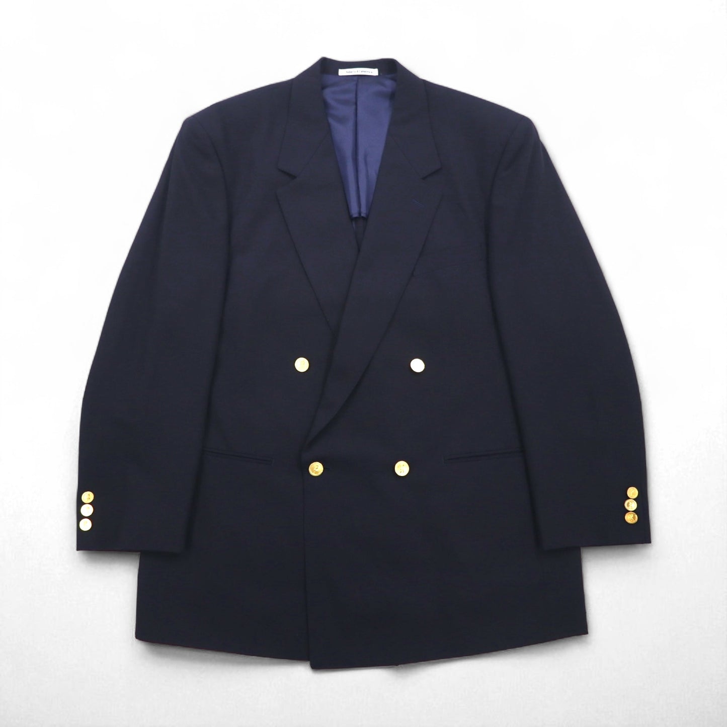 90s Japan Vintage Double-Breasted Blazer by Roberta di Camerino, Made in Japan, Navy Blue, Wool Gabardine, Gold Buttons, Size XL