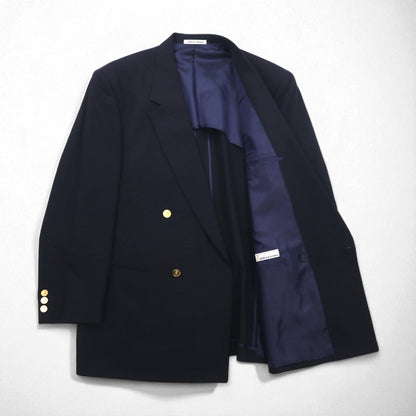 90s Japan Vintage Double-Breasted Blazer by Roberta di Camerino, Made in Japan, Navy Blue, Wool Gabardine, Gold Buttons, Size XL