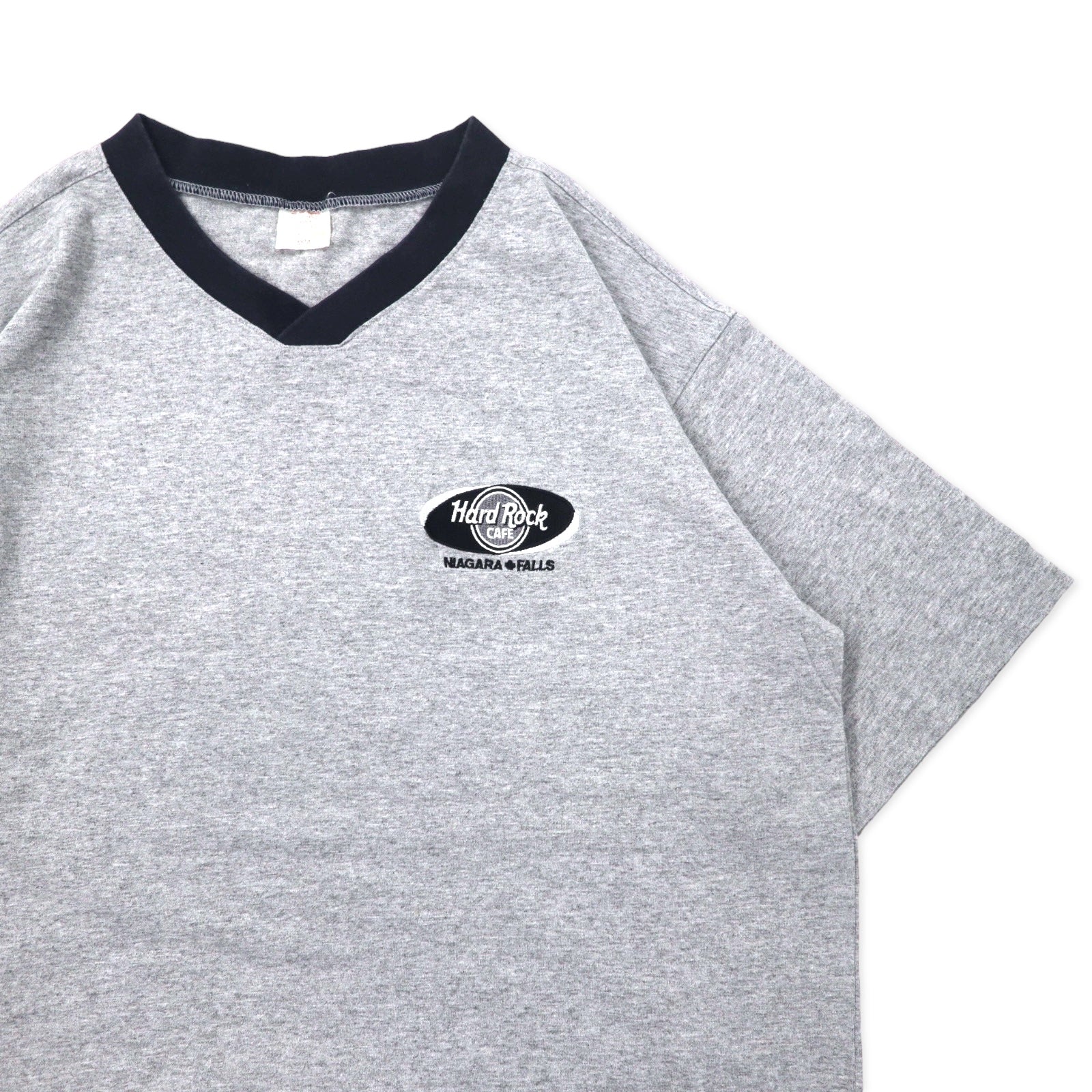 Hard Rock CAFE カナダ製 90年代 リンガーTシャツ M グレー コットン ワンポイントロゴ刺繍 NIAGARA FALLS ビッグサイズ