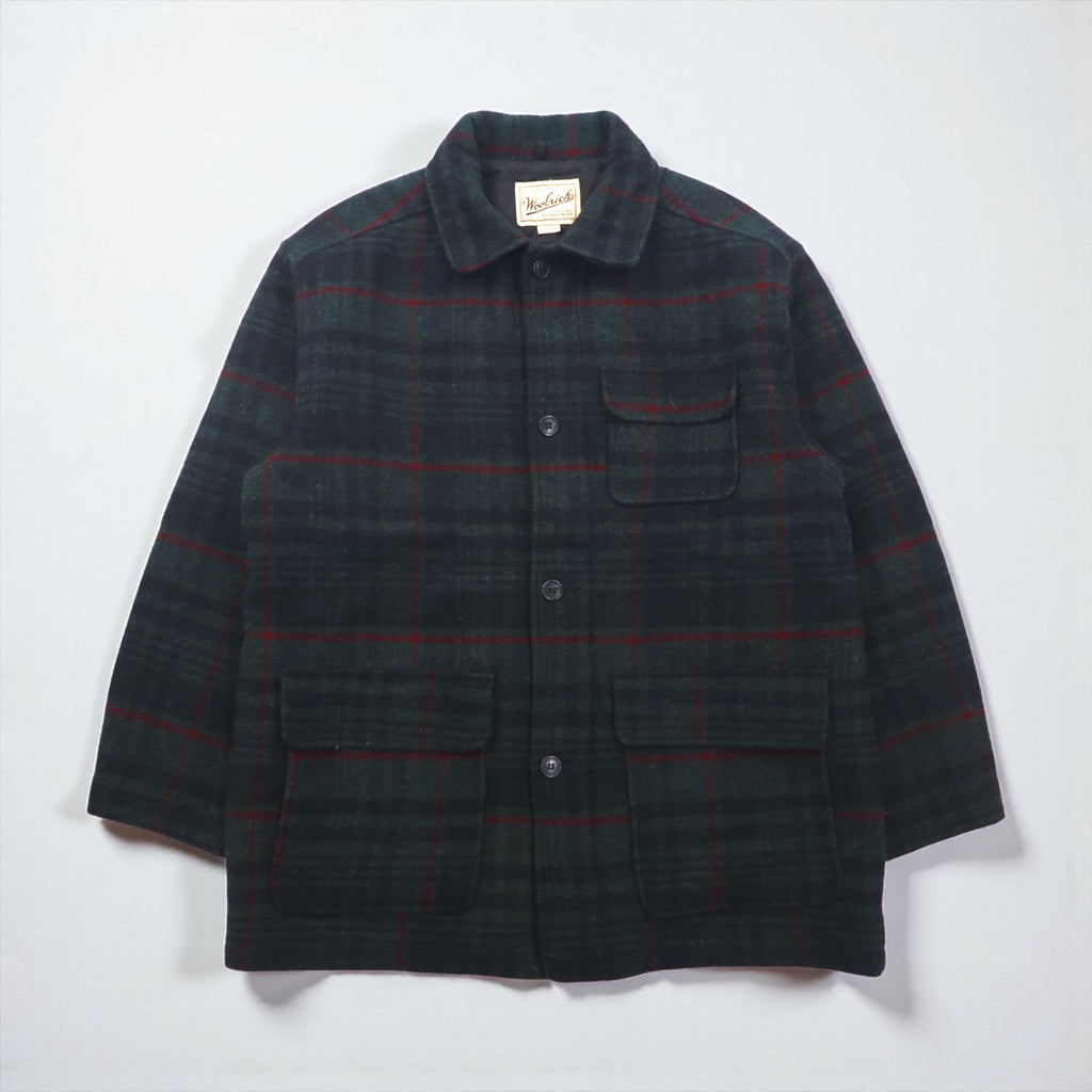 Woolrich 90年代 USA製 メルトンカバーオール ウールジャケット L ブラックウォッチ グリーン チェック 中綿 キルティングライナー