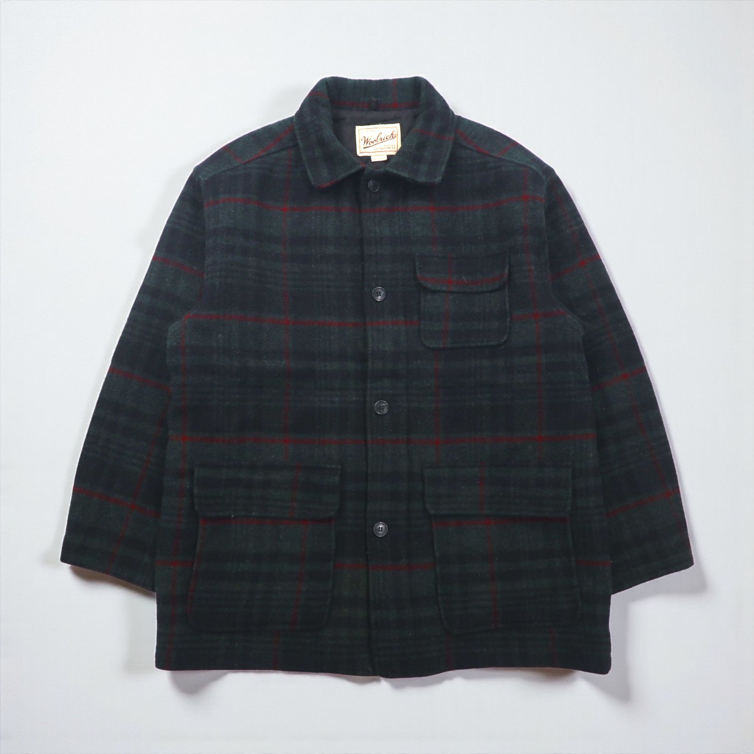 Woolrich 90年代 USA製 メルトンカバーオール ウールジャケット L ブラックウォッチ グリーン チェック 中綿 キルティングライナー