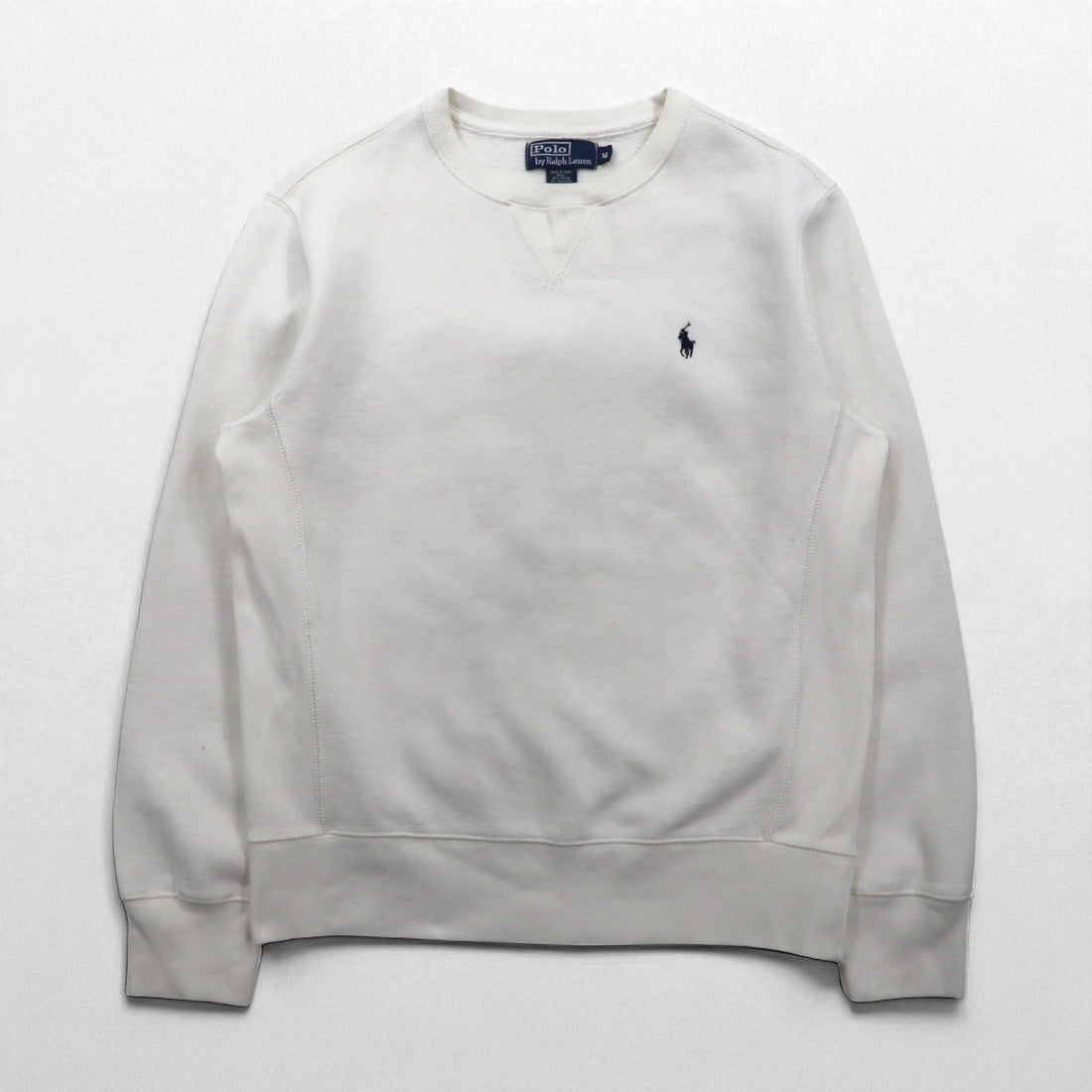 Polo by Ralph Lauren 90s Reverse Weave V-Neck Sweatshirt, Size M, White, Fleece-Lined, Small Pony Embroidery