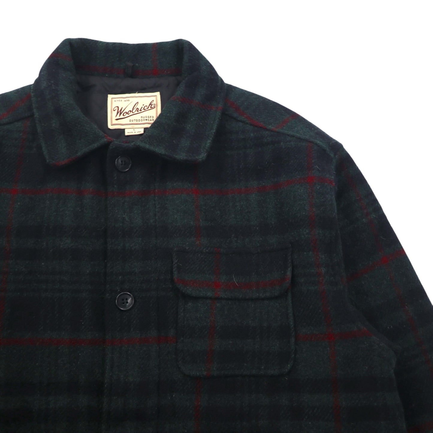 Woolrich 90年代 USA製 メルトンカバーオール ウールジャケット L ブラックウォッチ グリーン チェック 中綿 キルティングライナー