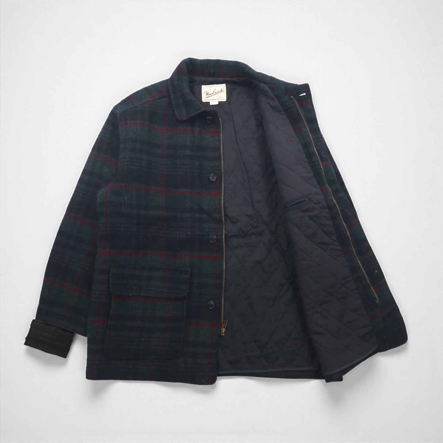 Woolrich 90年代 USA製 メルトンカバーオール ウールジャケット L ブラックウォッチ グリーン チェック 中綿 キルティングライナー