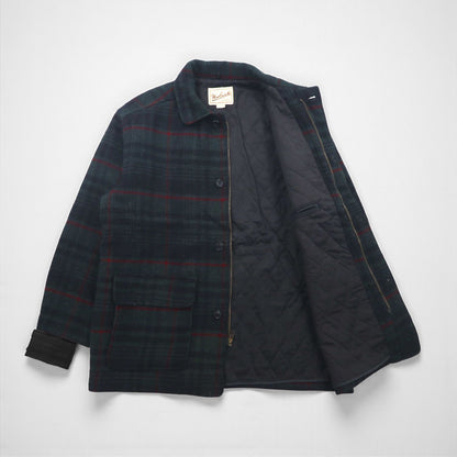 Woolrich 90年代 USA製 メルトンカバーオール ウールジャケット L ブラックウォッチ グリーン チェック 中綿 キルティングライナー