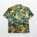 ALOHA JOE Aloha shirt, open collar, L, blue, all-over pattern, palm trees, hibiscus, surfing