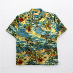 ALOHA JOE Aloha shirt, open collar, L, blue, all-over pattern, palm trees, hibiscus, surfing