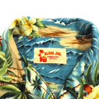 ALOHA JOE Aloha shirt, open collar, L, blue, all-over pattern, palm trees, hibiscus, surfing
