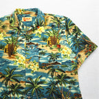 ALOHA JOE Aloha shirt, open collar, L, blue, all-over pattern, palm trees, hibiscus, surfing