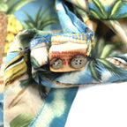 ALOHA JOE Aloha shirt, open collar, L, blue, all-over pattern, palm trees, hibiscus, surfing