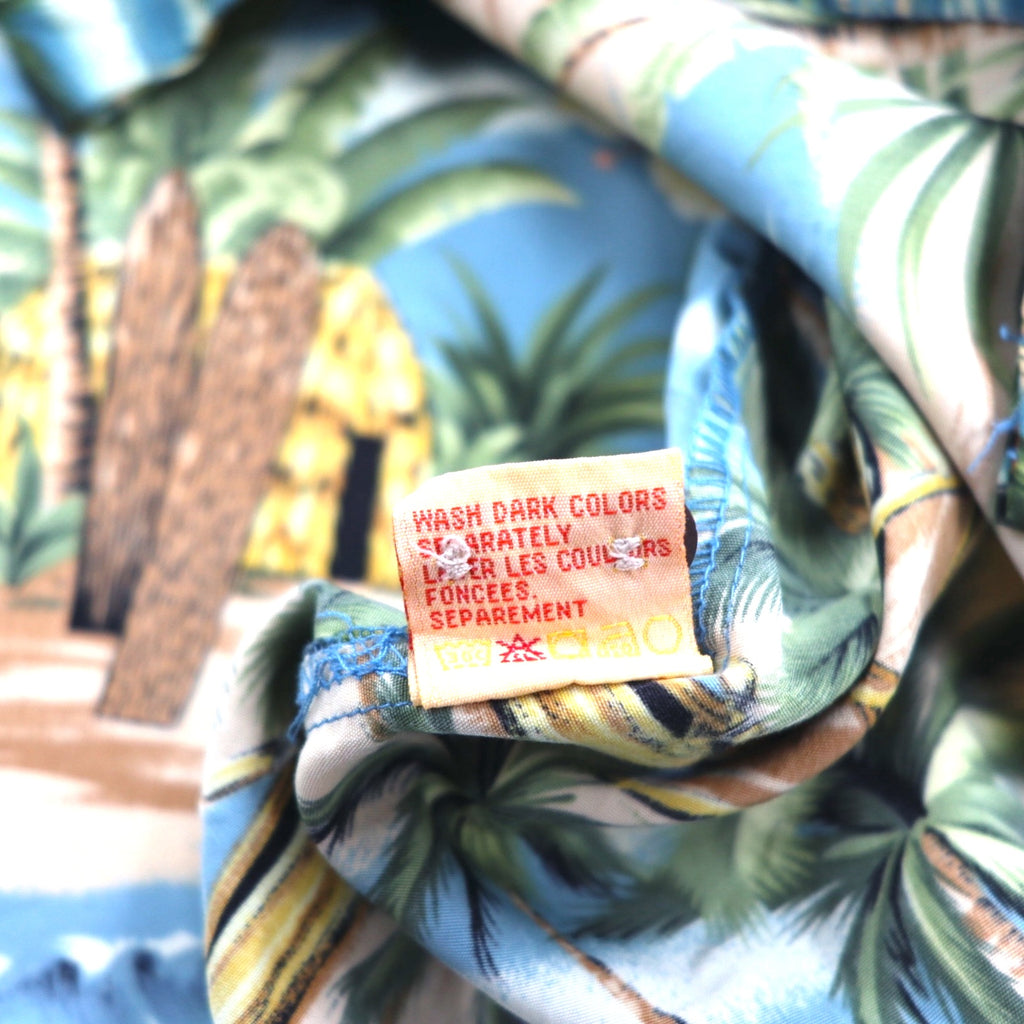 ALOHA JOE Aloha shirt, open collar, L, blue, all-over pattern, palm trees, hibiscus, surfing