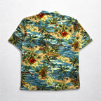ALOHA JOE Aloha shirt, open collar, L, blue, all-over pattern, palm trees, hibiscus, surfing