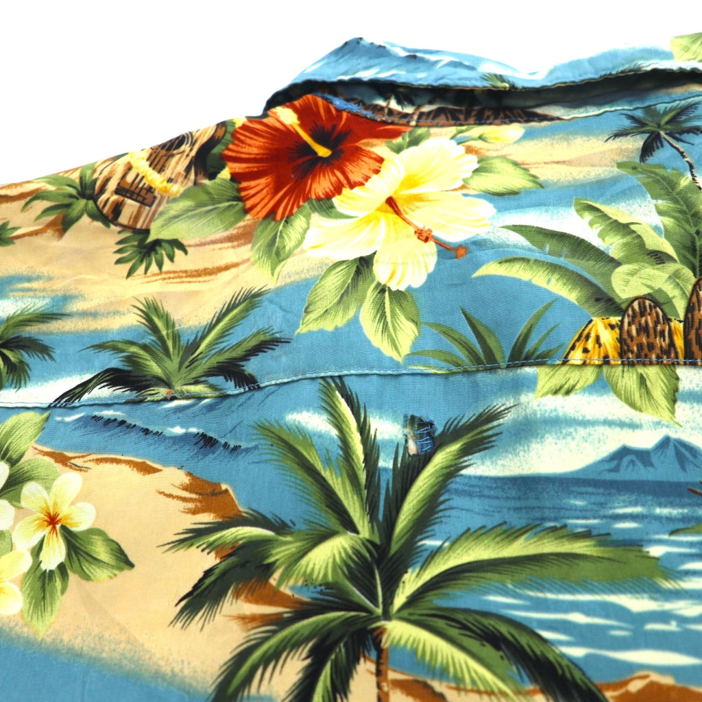 ALOHA JOE Aloha shirt, open collar, L, blue, all-over pattern, palm trees, hibiscus, surfing