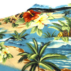 ALOHA JOE Aloha shirt, open collar, L, blue, all-over pattern, palm trees, hibiscus, surfing