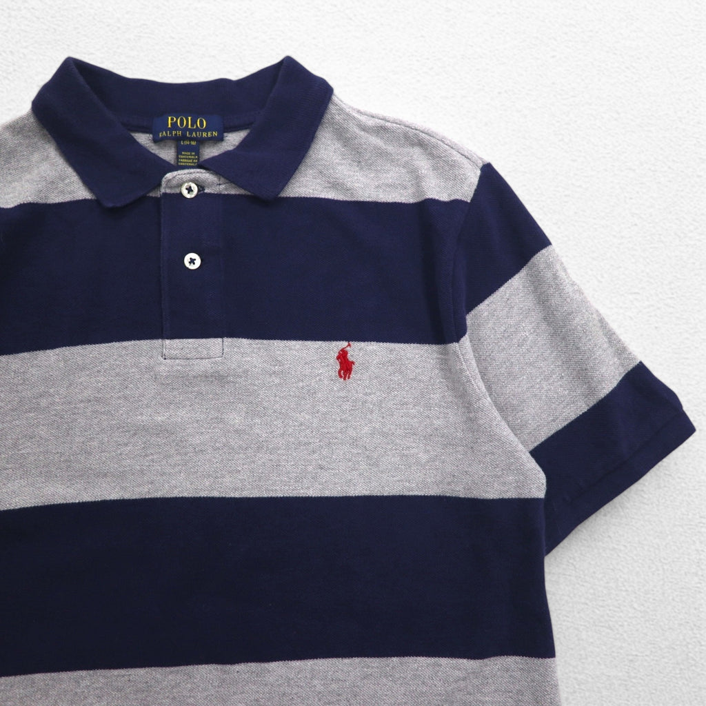 POLO RALPH LAUREN Striped Polo Shirt L Gray Navy Cotton Pique Small Pony Embroidery