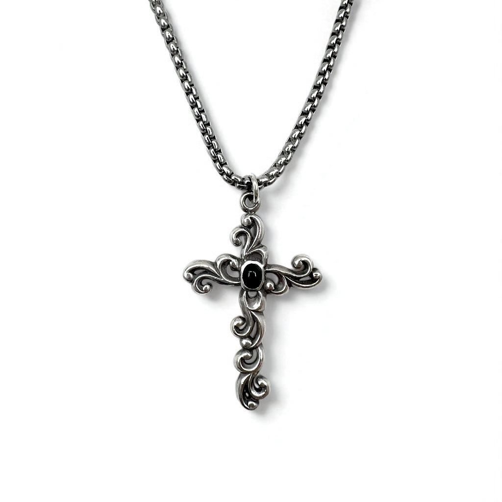 Vintage Silver Cross Necklace with Raised Arabesque Design and Black Onyx in 925 Silver