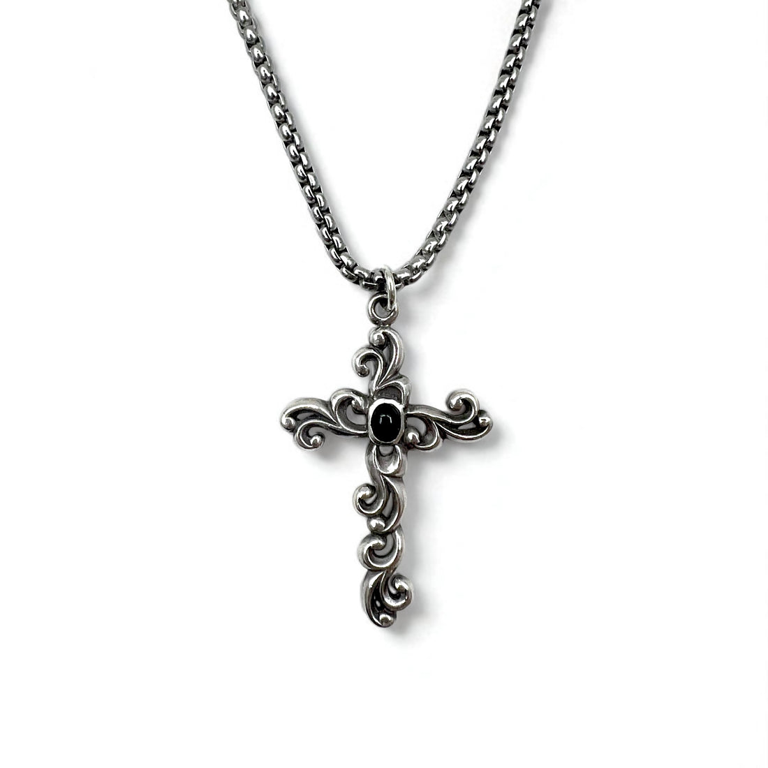 Vintage Silver Cross Necklace ヴィンテージ 浮き唐草彫り クロス 十字架 ネックレス ブラックオニキス シルバー 925