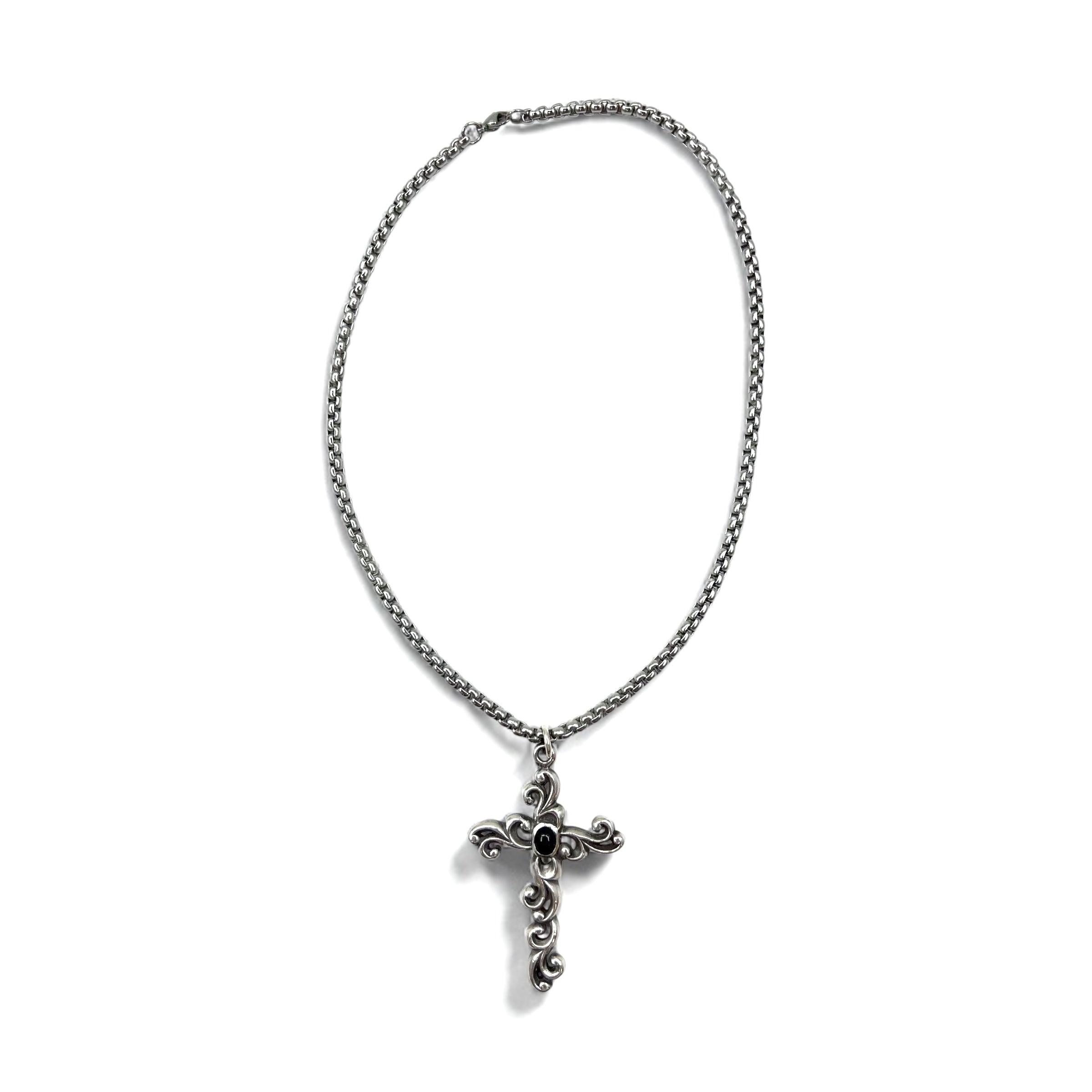 Vintage Silver Cross Necklace with Raised Arabesque Design and Black Onyx in 925 Silver