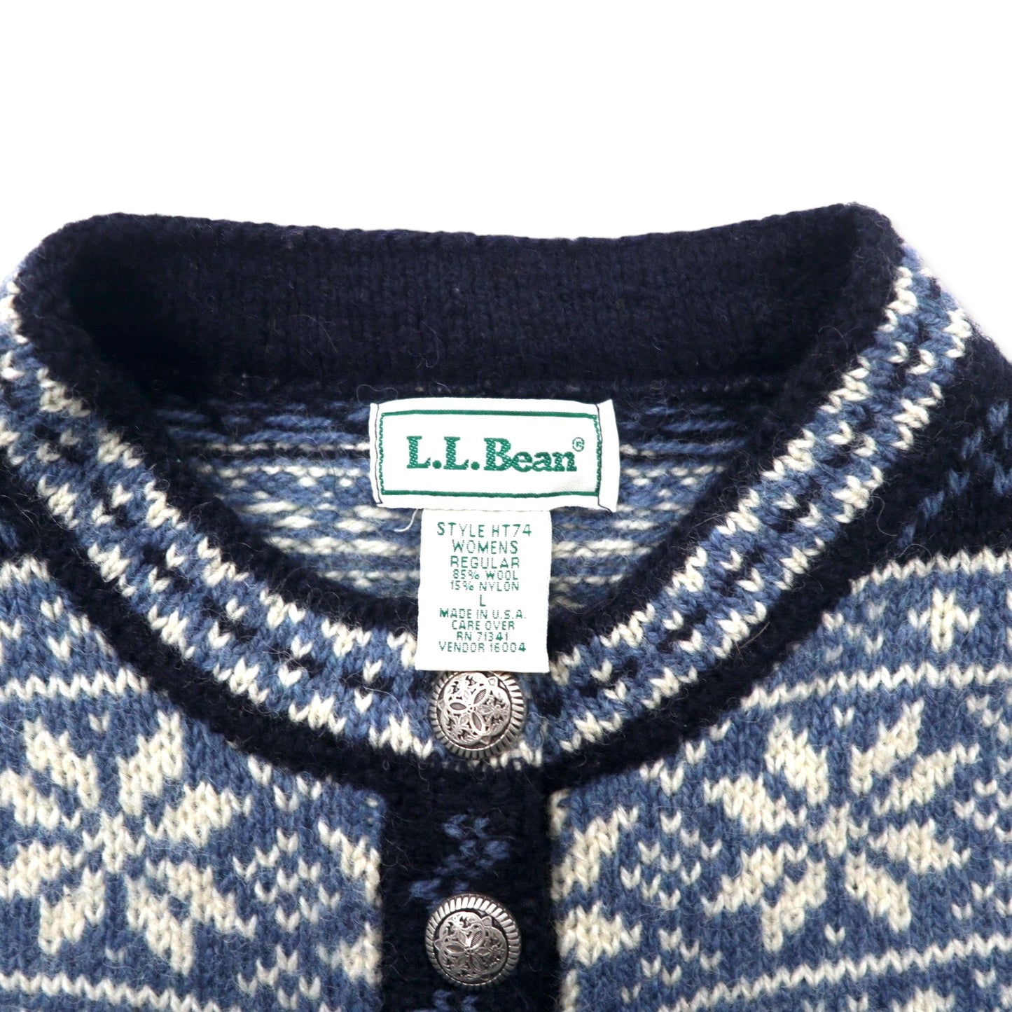 L.L.Bean USA製 90年代 チロリアン ニット セーター L ブルー ウール コンチョボタン バーズアイ ノルディック柄
