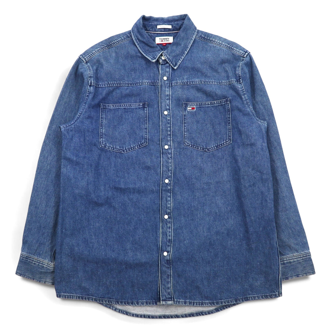 TOMMY JEANS Back Print Denim Shirt L Indigo Blue Snap Buttons RELAXED FIT DM0DM06735