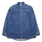 TOMMY JEANS Back Print Denim Shirt L Indigo Blue Snap Buttons RELAXED FIT DM0DM06735
