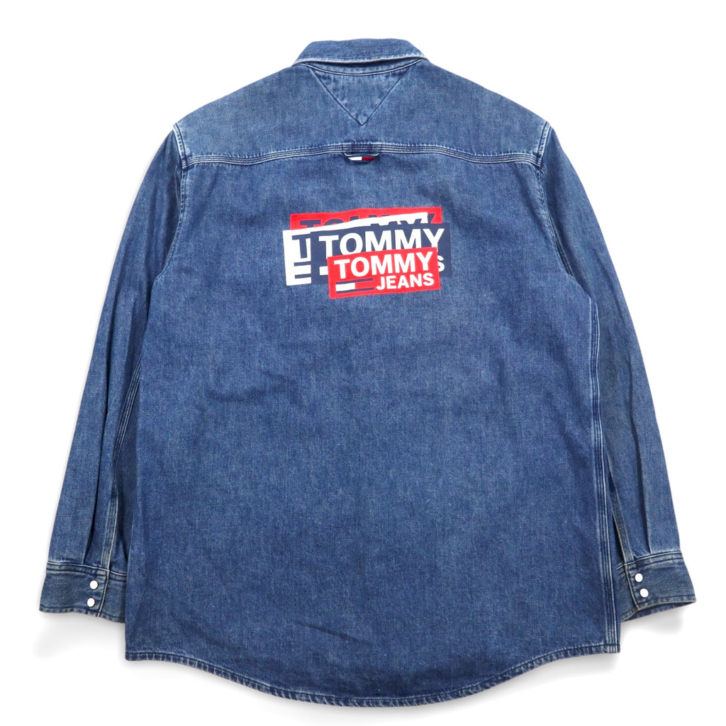 TOMMY JEANS Back Print Denim Shirt L Indigo Blue Snap Buttons RELAXED FIT DM0DM06735