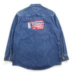 TOMMY JEANS Back Print Denim Shirt L Indigo Blue Snap Buttons RELAXED FIT DM0DM06735