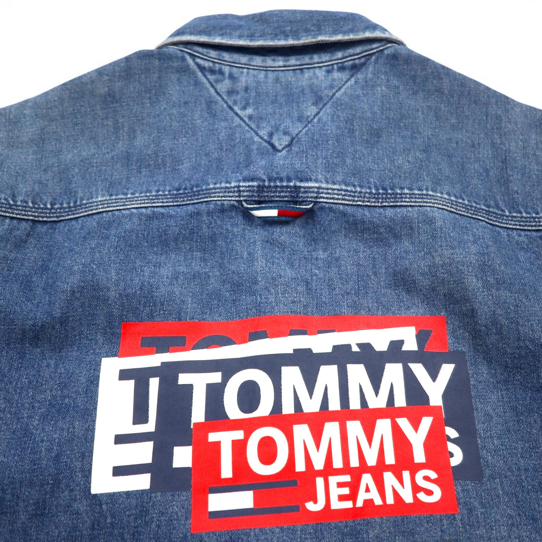 TOMMY JEANS Back Print Denim Shirt L Indigo Blue Snap Buttons RELAXED FIT DM0DM06735