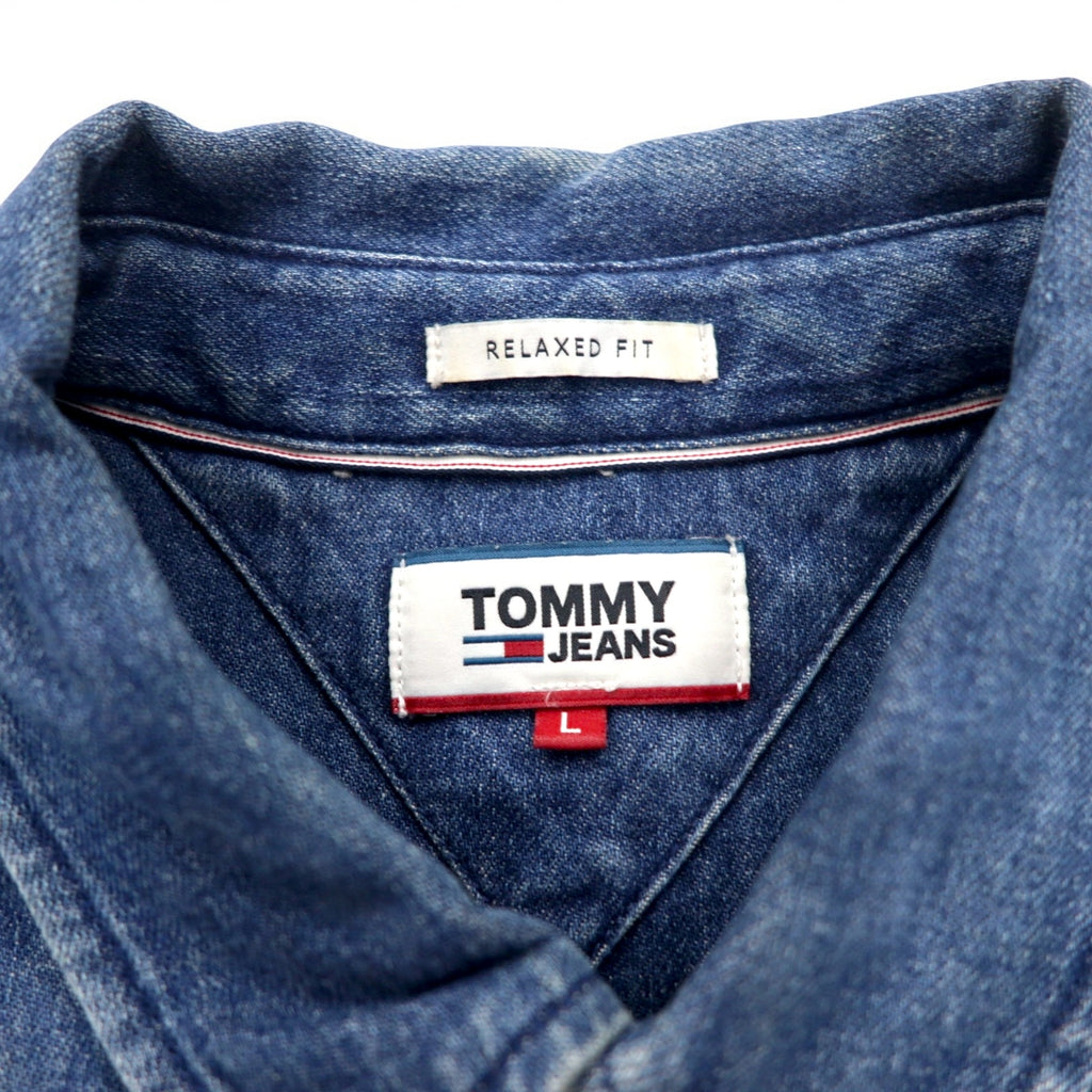 TOMMY JEANS Back Print Denim Shirt L Indigo Blue Snap Buttons RELAXED FIT DM0DM06735