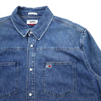 TOMMY JEANS Back Print Denim Shirt L Indigo Blue Snap Buttons RELAXED FIT DM0DM06735