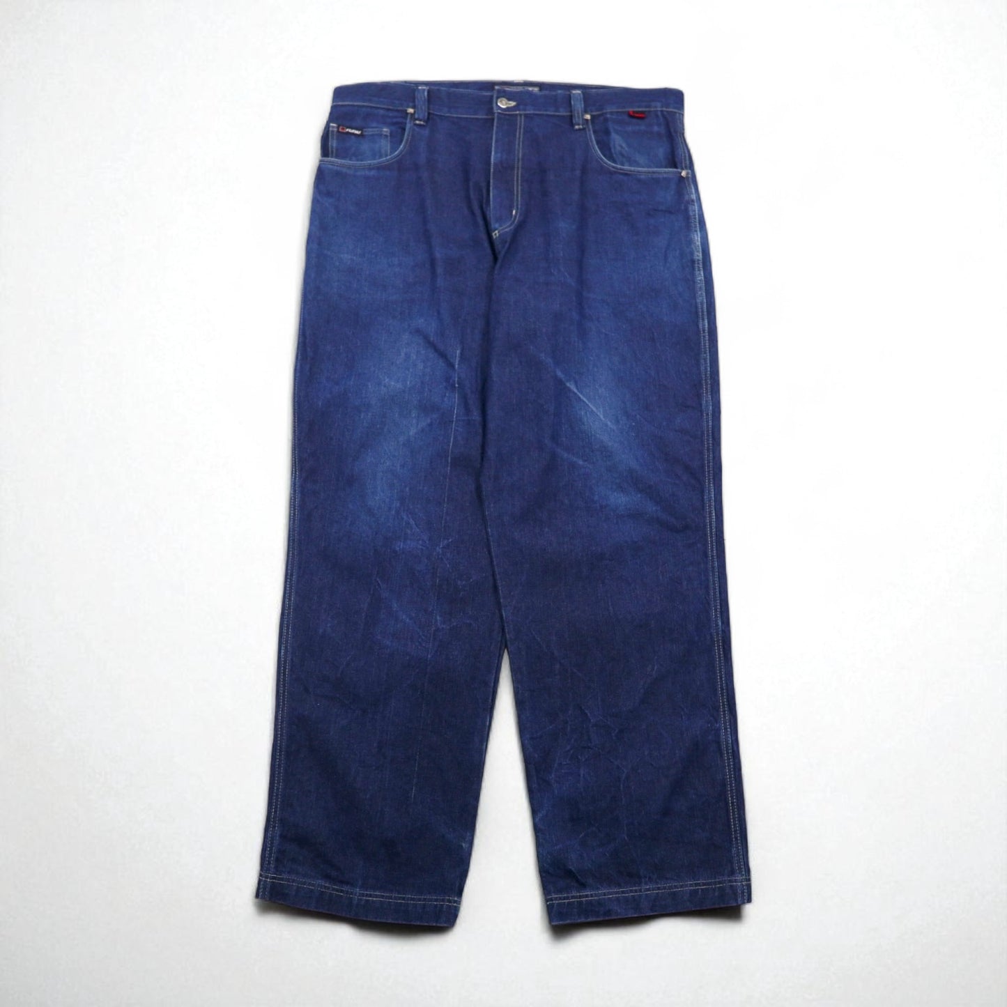 FUBU 2000s Wide Baggy Denim Jeans, XL, Indigo and Blue, Zipper Fly