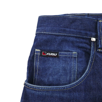 FUBU 2000s Wide Baggy Denim Jeans, XL, Indigo and Blue, Zipper Fly