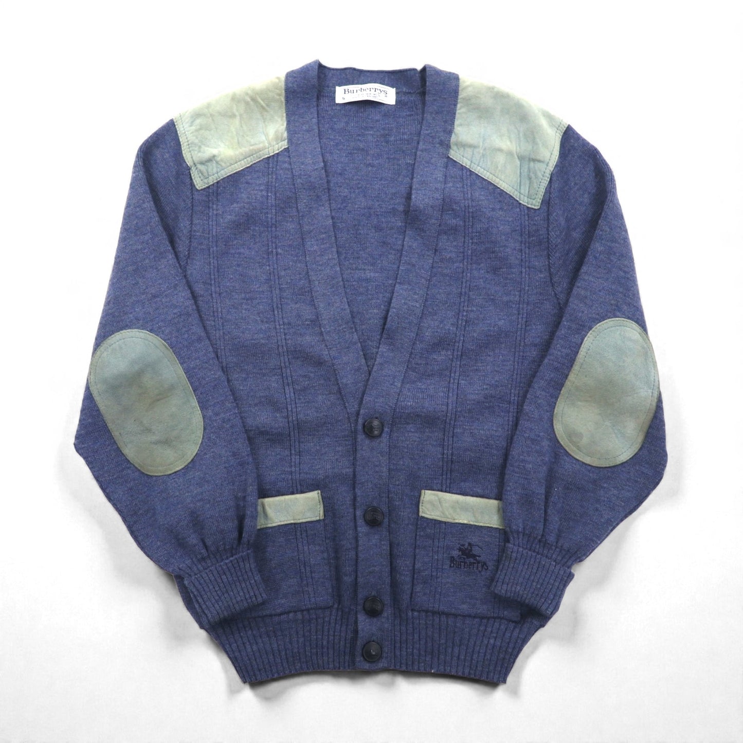 BURBERRYS 80年代 イギリス製 エルボーパッチ ニット カーディガン L ネイビー ウール レザー切替