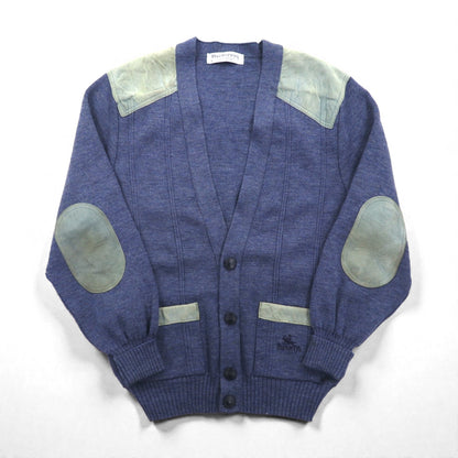 BURBERRYS 80年代 イギリス製 エルボーパッチ ニット カーディガン L ネイビー ウール レザー切替