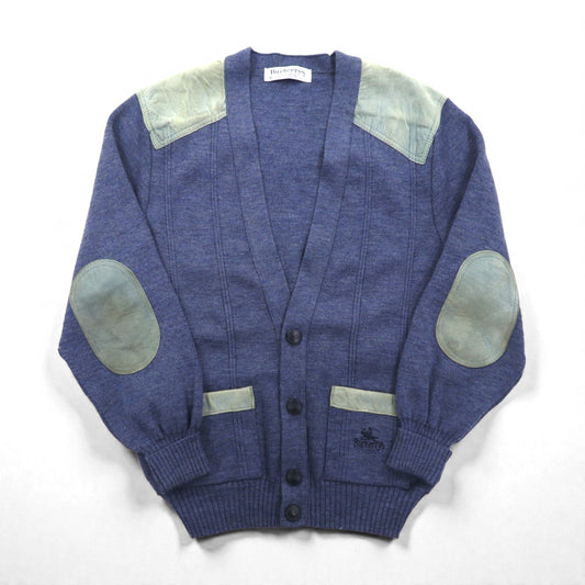 BURBERRYS 80年代 イギリス製 エルボーパッチ ニット カーディガン L ネイビー ウール レザー切替