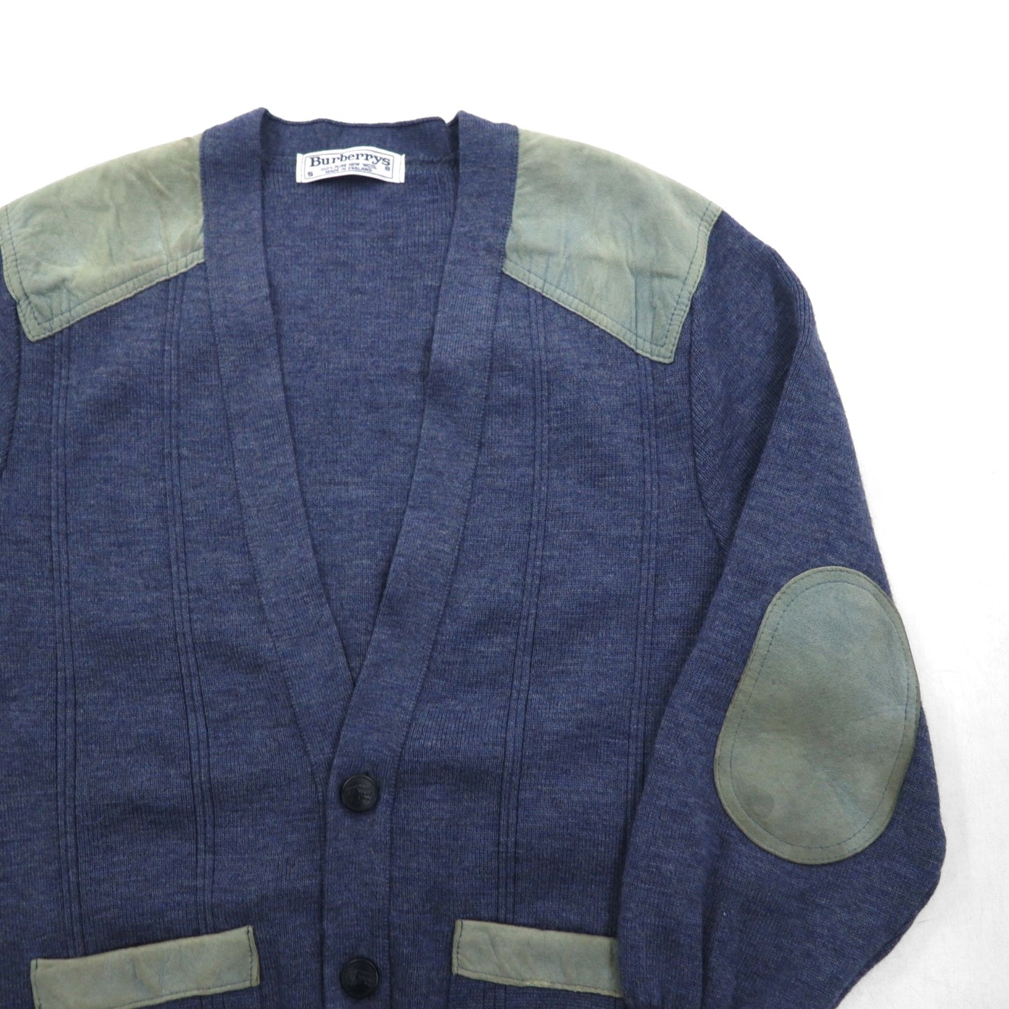 BURBERRYS 80年代 イギリス製 エルボーパッチ ニット カーディガン L ネイビー ウール レザー切替