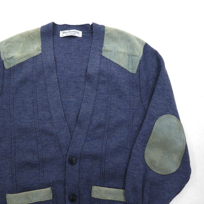 BURBERRYS 80年代 イギリス製 エルボーパッチ ニット カーディガン L ネイビー ウール レザー切替