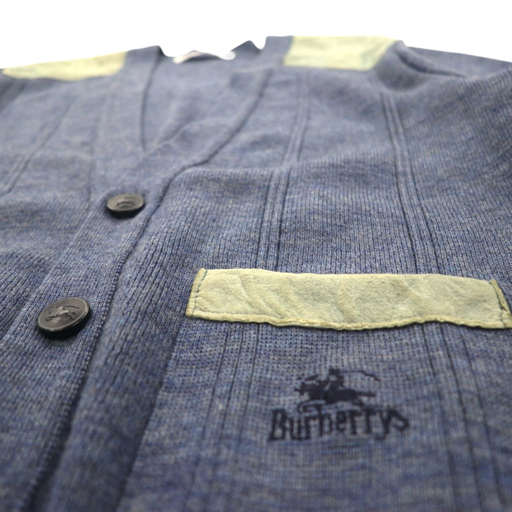 BURBERRYS 80年代 イギリス製 エルボーパッチ ニット カーディガン L ネイビー ウール レザー切替