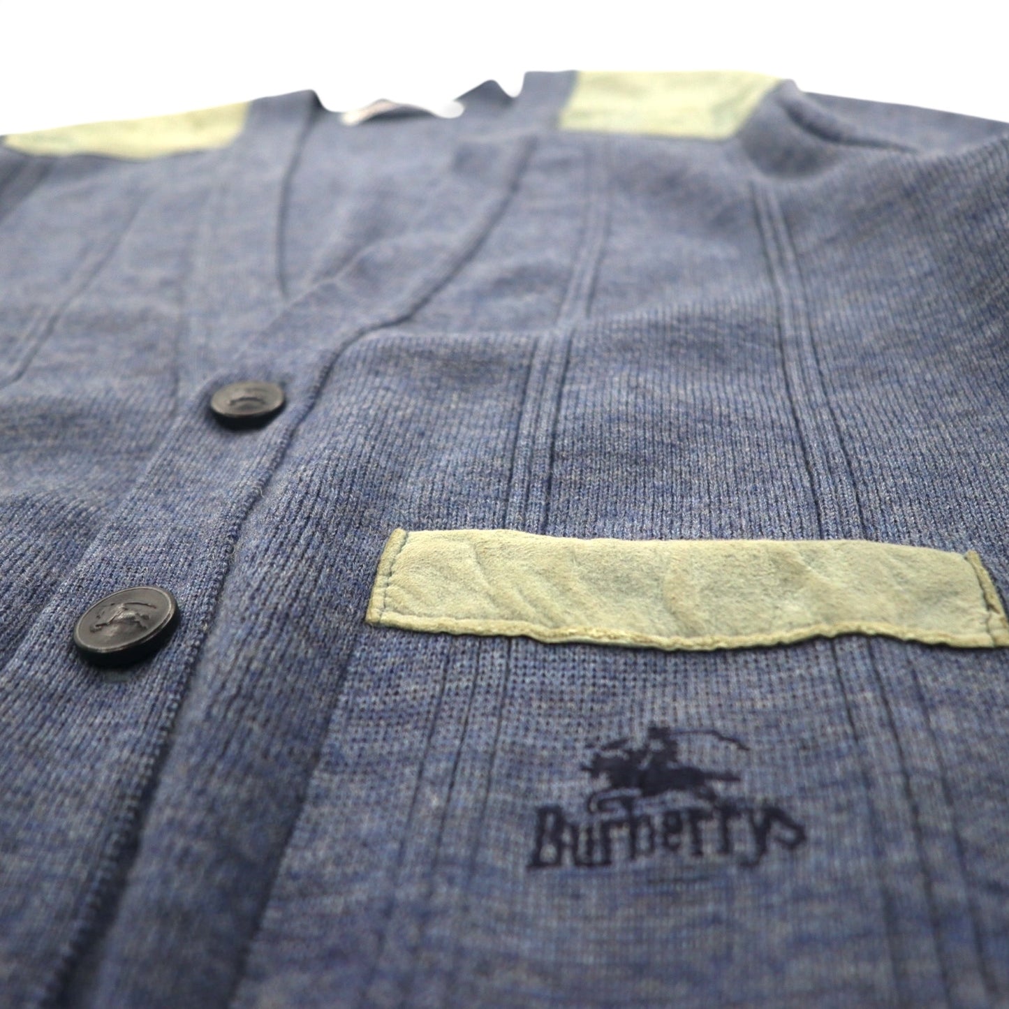 BURBERRYS 80年代 イギリス製 エルボーパッチ ニット カーディガン L ネイビー ウール レザー切替