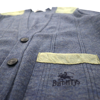 BURBERRYS 80年代 イギリス製 エルボーパッチ ニット カーディガン L ネイビー ウール レザー切替