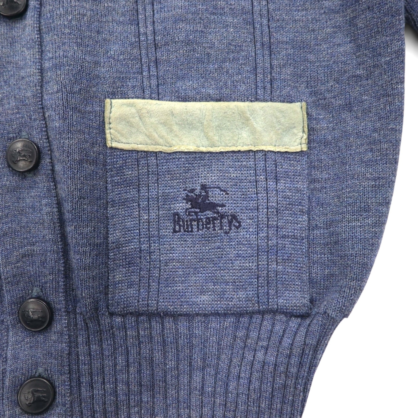 BURBERRYS 80年代 イギリス製 エルボーパッチ ニット カーディガン L ネイビー ウール レザー切替