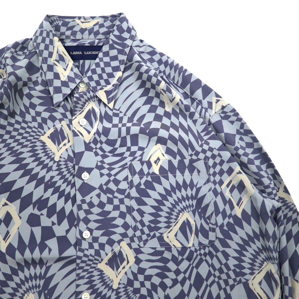 Vintage 90s Japan Made Retro Shirt LAMA LUCENTE 90s All-over Print Poly Shirt FREE Blue Geometric Print Polyester Made in Japan