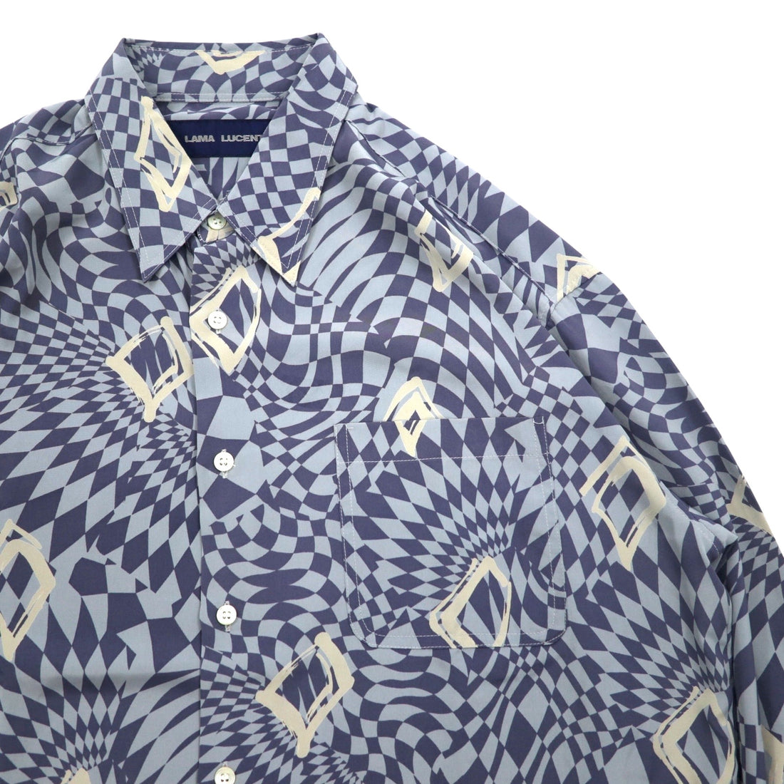 Vintage 90s Japan Made Retro Shirt LAMA LUCENTE 90s All-over Print Poly Shirt FREE Blue Geometric Print Polyester Made in Japan