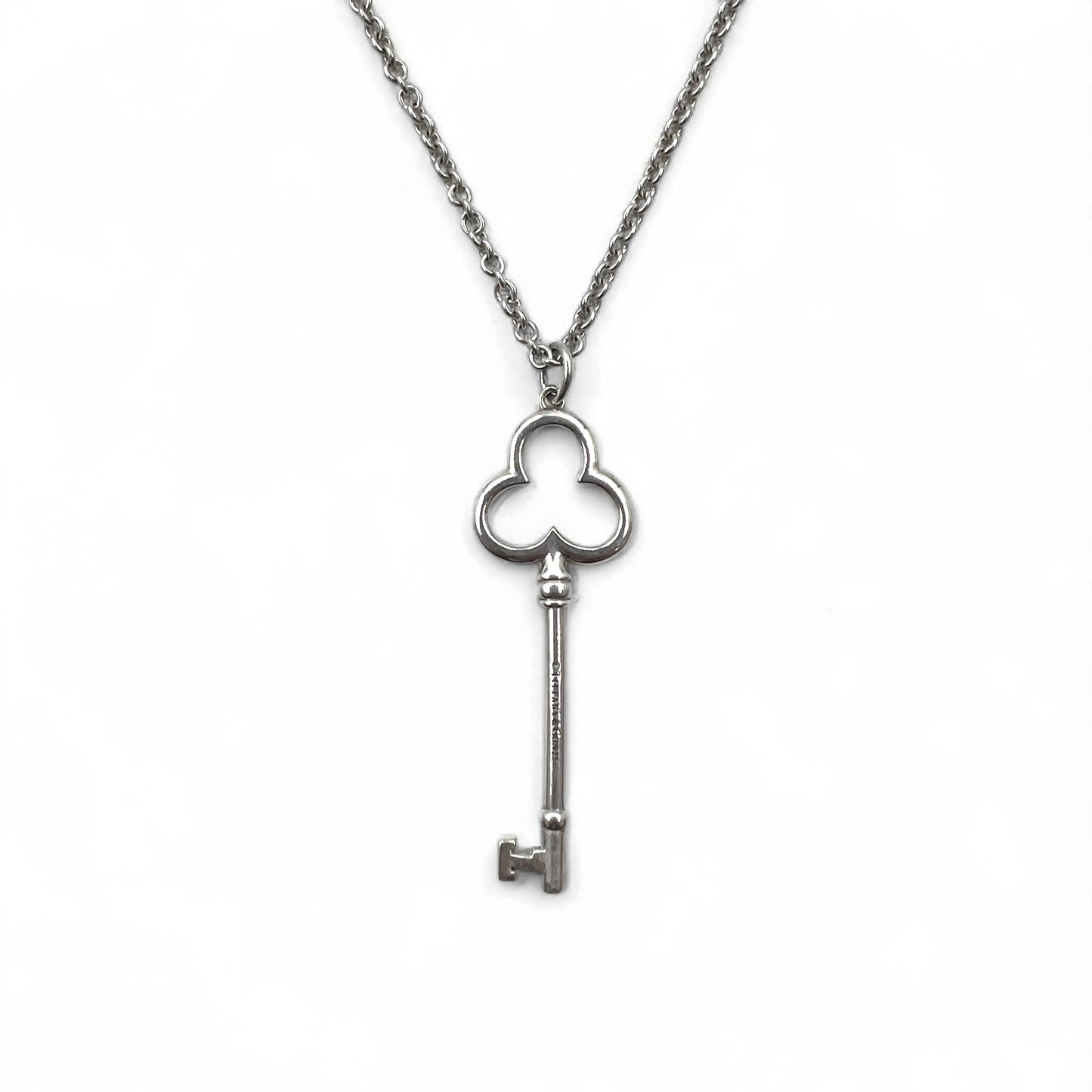 TIFFANY &amp; CO. Trefoil Clover Key Necklace in 925 Silver with Chain Pendant