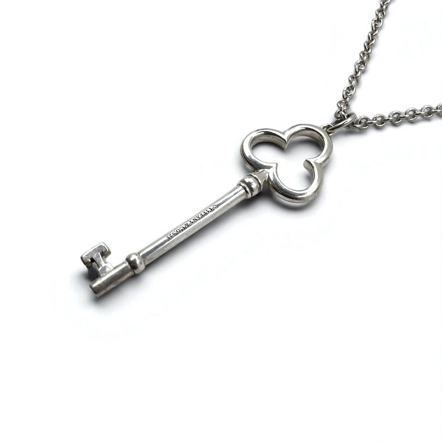 TIFFANY &amp; CO. Trefoil Clover Key Necklace in 925 Silver with Chain Pendant