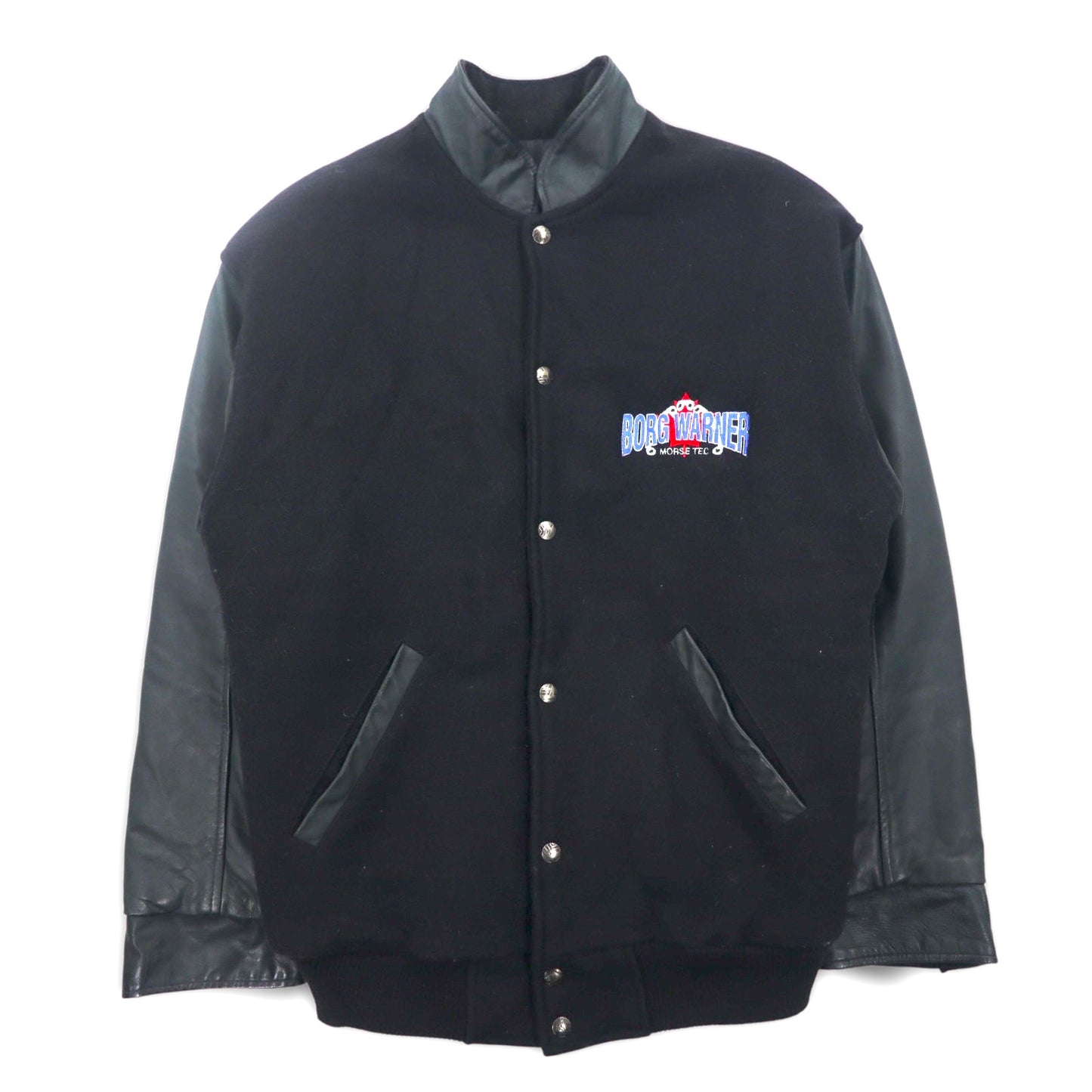 Vintage 90s Varsity Jacket Made in Canada Trimark レザー 切替 スタジャン M ブラック ウール 牛革 キルティングライナー BORG WARNER