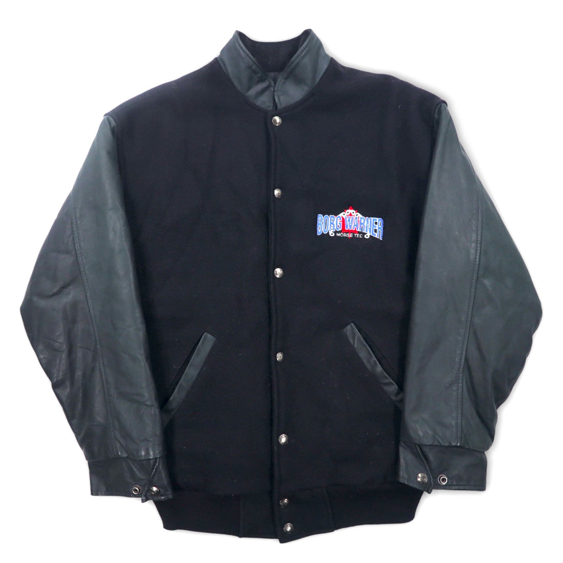 Vintage 90s Varsity Jacket Made in Canada Trimark Leather Switching Stadium Jacket M Black Wool Cowhide Quilted Liner BORG WARNER