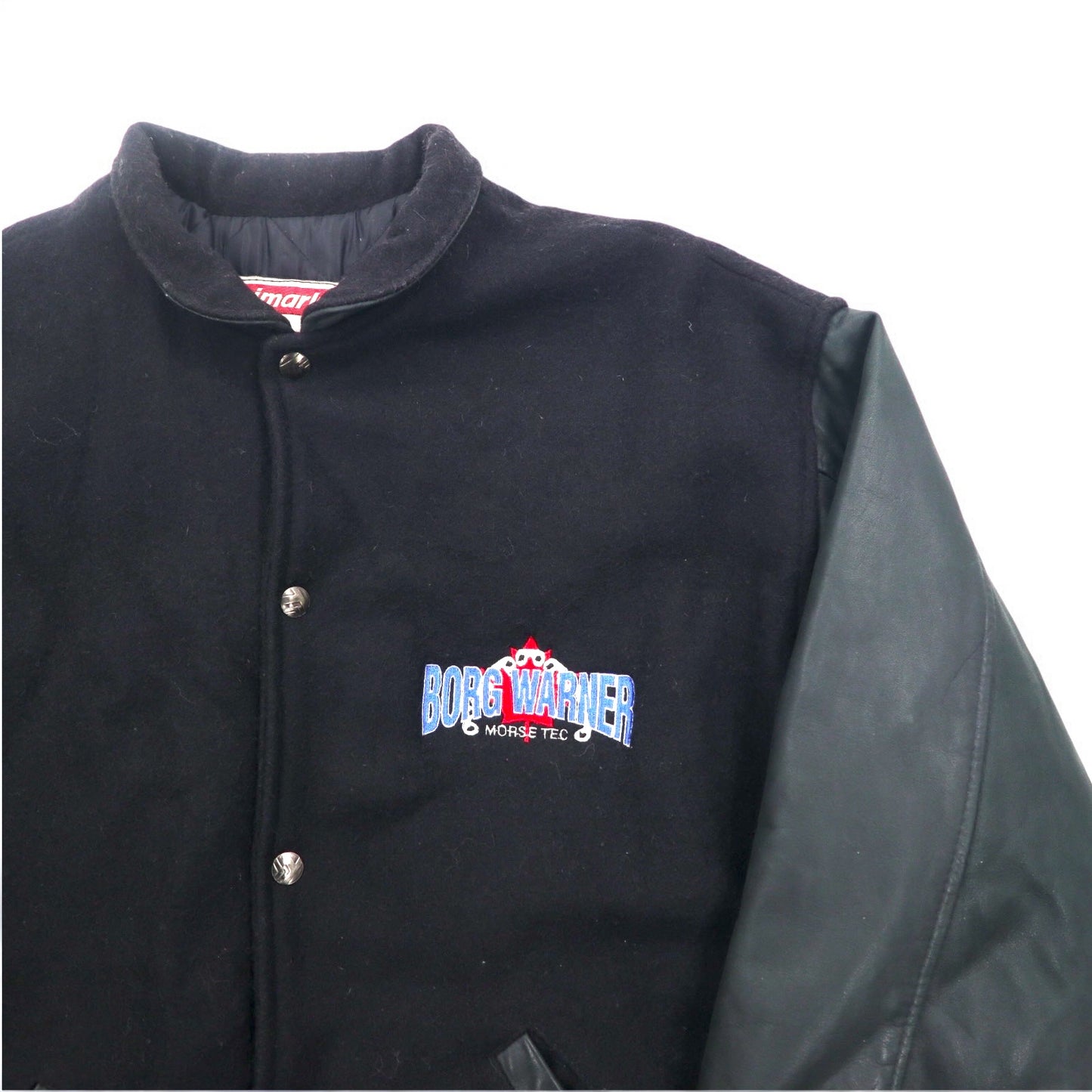 Vintage 90s Varsity Jacket Made in Canada Trimark レザー 切替 スタジャン M ブラック ウール 牛革 キルティングライナー BORG WARNER